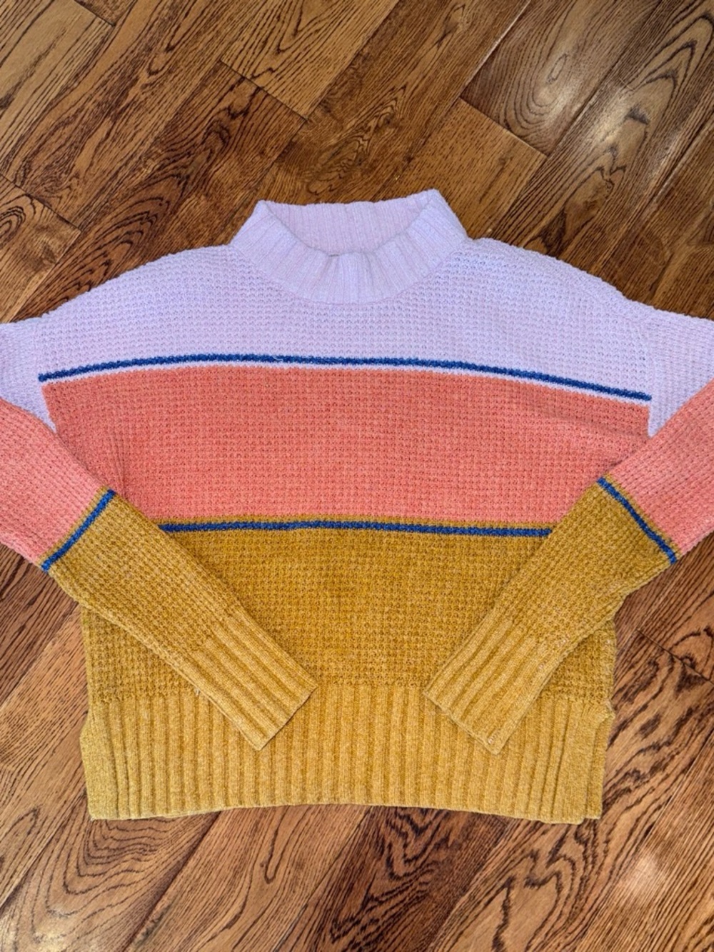 SO Colorblock Mock-Neck Sweater in Pink, Coral & Mustard